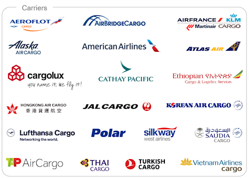 Aeroflot Airbridge Cargo AirFrance KLM Martinair Cargo Alaska Air Cargo American Airlines Atlas Air Cargolux Cathay Pacific Ethiopian HongKong Air Cargo JAL Cargo Korean Air Cargo Lufthansa Cargo Polar Silkway Saudia Cargo TAP AirCargo Thai Cargo Turkish Cargo Vietnam Airlines cargo